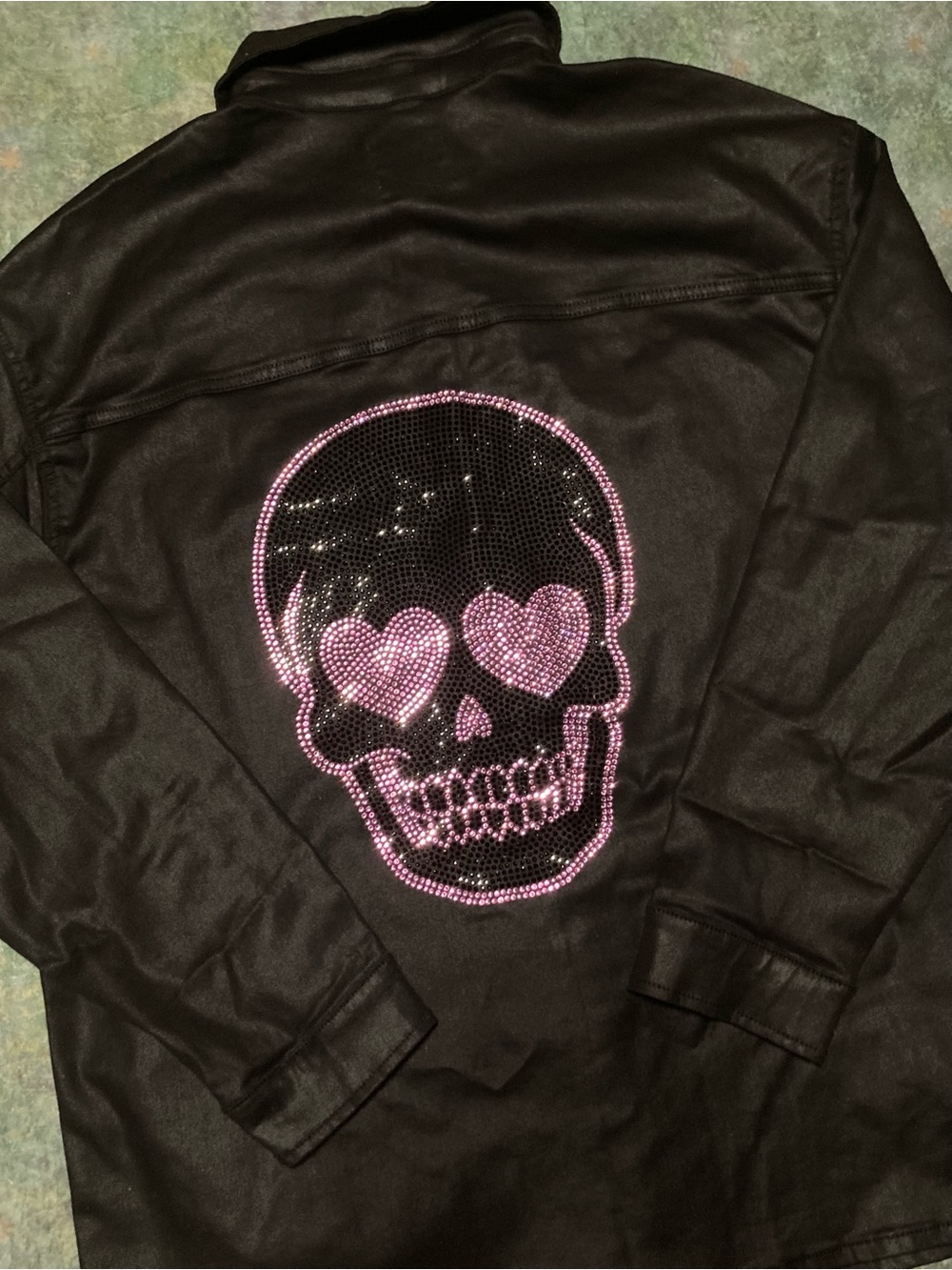 Roadie Couture One-OfA-Kind Black & Pink Rhinestone Skull Jacket Shacket Sz L/XL
